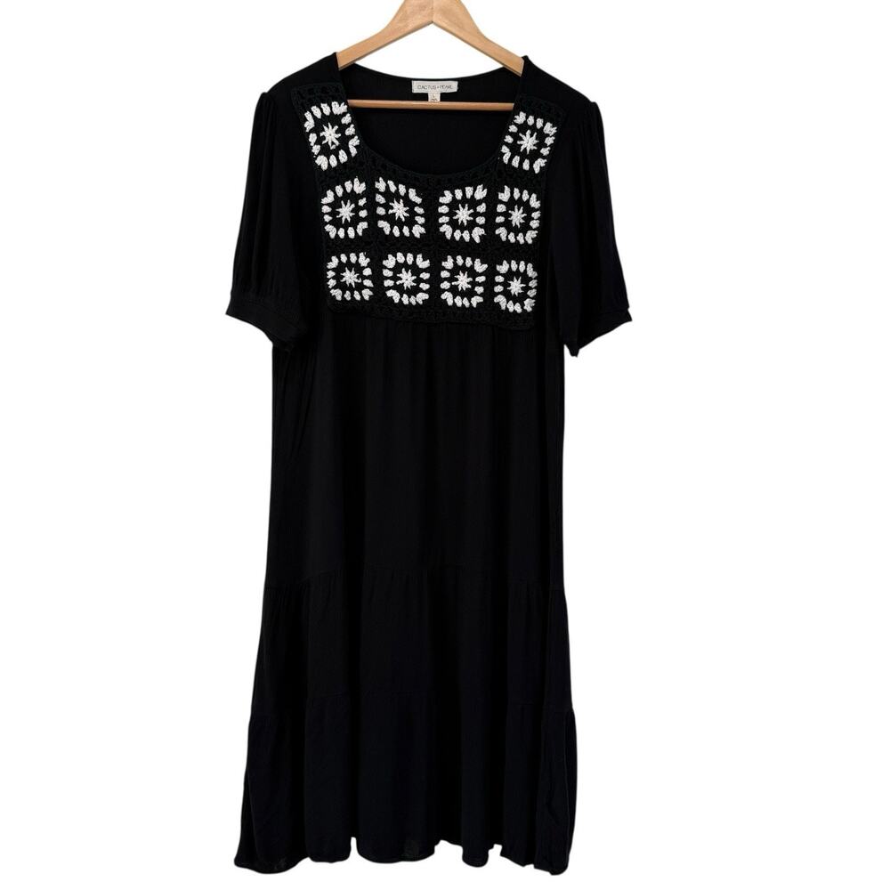 Cactus & Pearl‎ Prairie Granny Black White Crochet Gauze Midi Dress Sz L Cottage